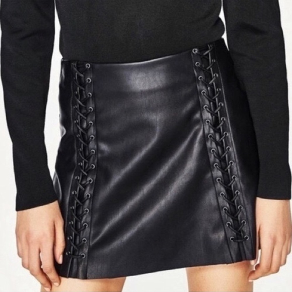NWT Zara Faux Leather Skirt - Black lace up